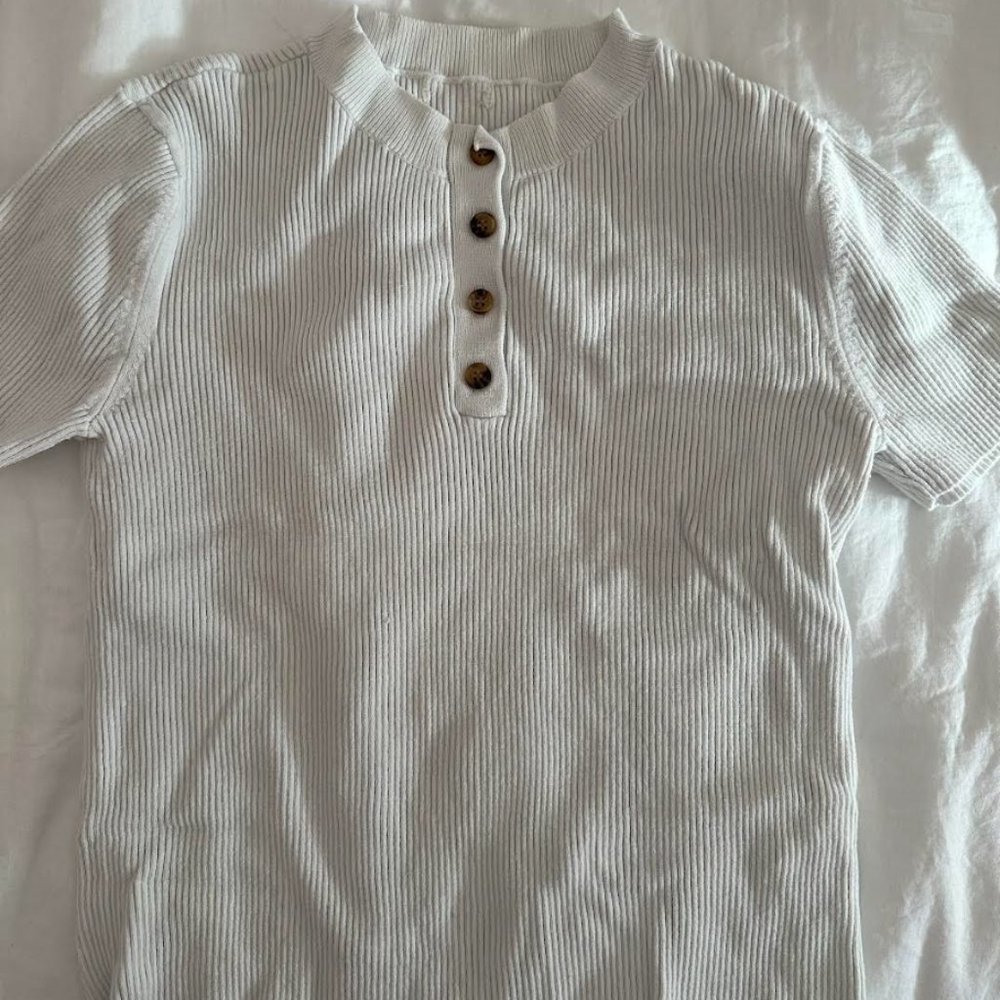 Button Front Knit White Tee